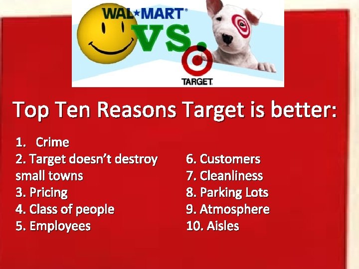 Top Ten Reasons Target is better: 1. Crime 2. Target doesn’t destroy small towns