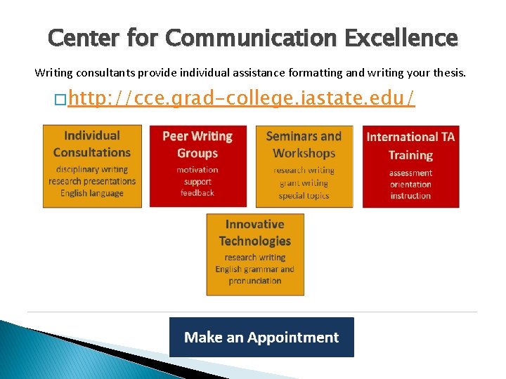 Center for Communication Excellence Writing consultants provide individual assistance formatting and writing your thesis.