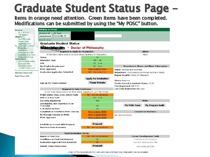 Graduate Student Status Page – Items in orange need attention. Green items have been