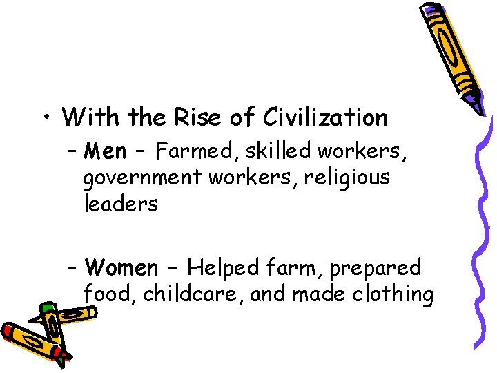  • With the Rise of Civilization – Men – Farmed, skilled workers, government