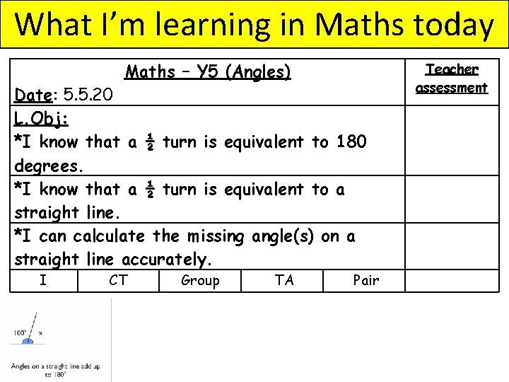 What I’m learning in Maths today Maths – Y 5 (Angles) Date: 5. 5.