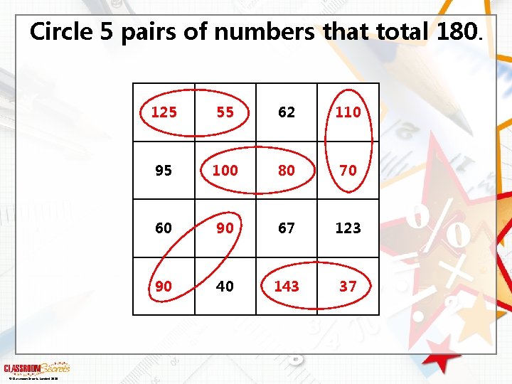 Circle 5 pairs of numbers that total 180. © Classroom Secrets Limited 2019 125