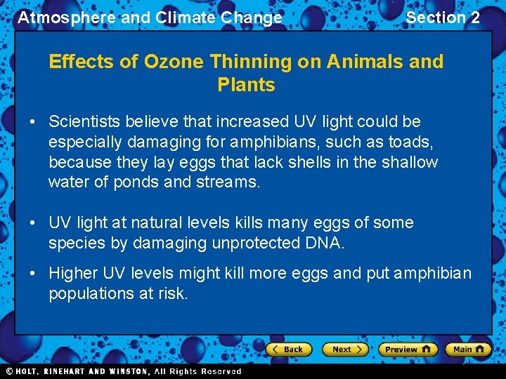 Atmosphere and Climate Change Section 2 Effects of Ozone Thinning on Animals and Plants