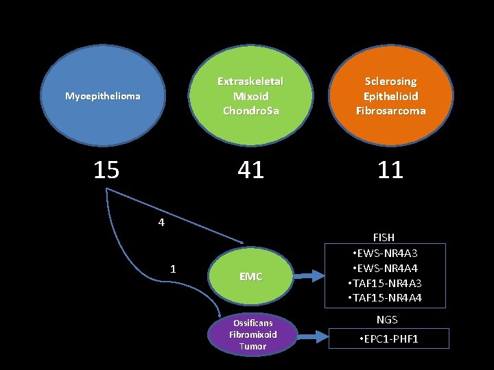 Myoepithelioma Extraskeletal Mixoid Chondro. Sa Sclerosing Epithelioid Fibrosarcoma 15 41 11 4 1 EMC Myoepithelioma Extraskeletal Mixoid Chondro. Sa Sclerosing Epithelioid Fibrosarcoma 15 41 11 4 1 EMC