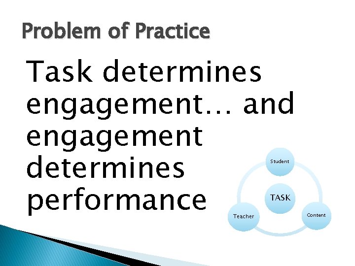 Problem of Practice Task determines engagement… and engagement determines performance Student TASK Teacher Content