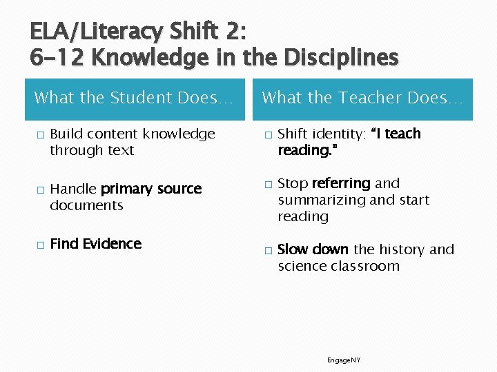 ELA/Literacy Shift 2: 6 -12 Knowledge in the Disciplines What the Student Does… �