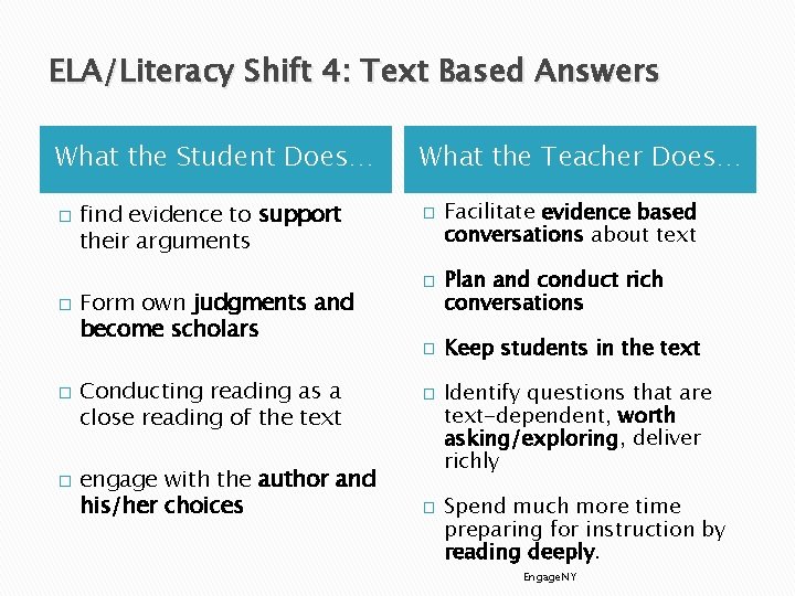 ELA/Literacy Shift 4: Text Based Answers What the Student Does… � � find evidence