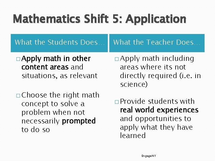 Mathematics Shift 5: Application What the Students Does… What the Teacher Does… � Apply