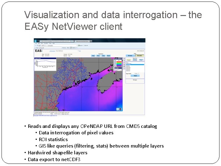 Visualization and data interrogation – the EASy Net. Viewer client • Reads and displays