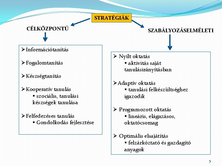 STRATÉGIÁK CÉLKÖZPONTÚ SZABÁLYOZÁSELMÉLETI ØInformációtanítás ØFogalomtanítás ØKészségtanítás ØKooperatív tanulás § szociális, tanulási készségek tanulása ØFelfedezéses