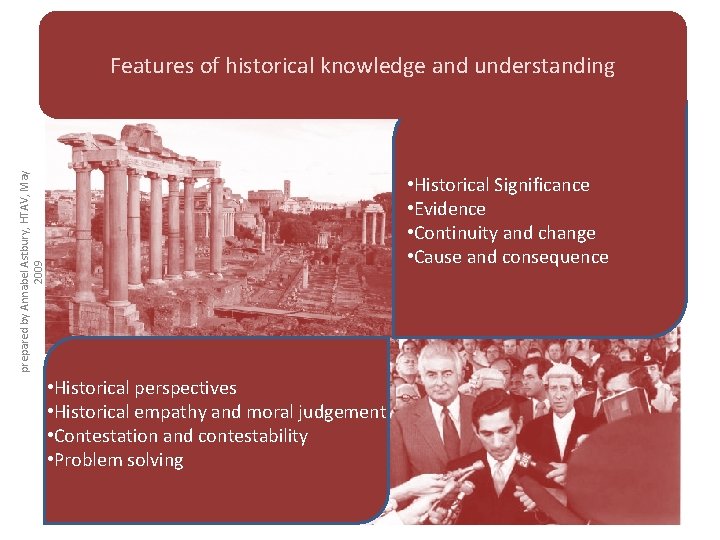 prepared by Annabel Astbury, HTAV, May 2009 Features of historical knowledge and understanding •