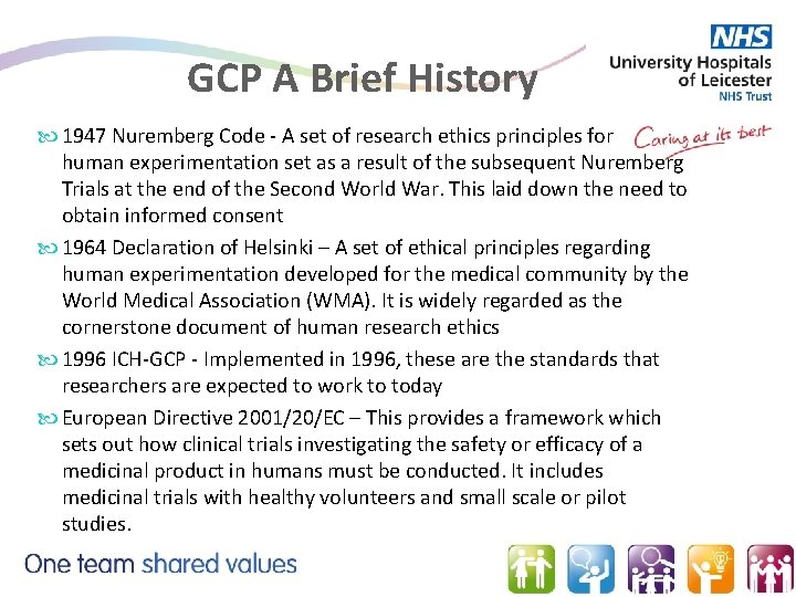 GCP A Brief History 1947 Nuremberg Code - A set of research ethics principles