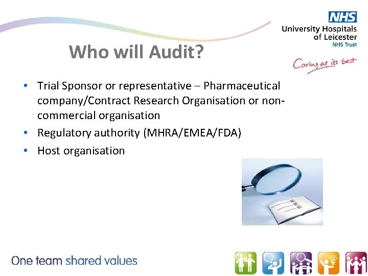 Who will Audit? • Trial Sponsor or representative – Pharmaceutical company/Contract Research Organisation or