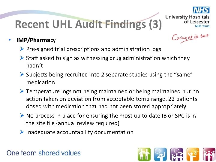 Recent UHL Audit Findings (3) • IMP/Pharmacy Ø Pre-signed trial prescriptions and administration logs