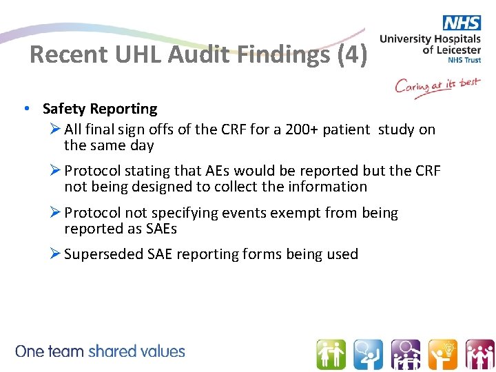 Recent UHL Audit Findings (4) • Safety Reporting Ø All final sign offs of