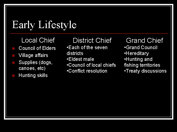 Early Lifestyle n n Local Chief District Chief Grand Chief Council of Elders Village