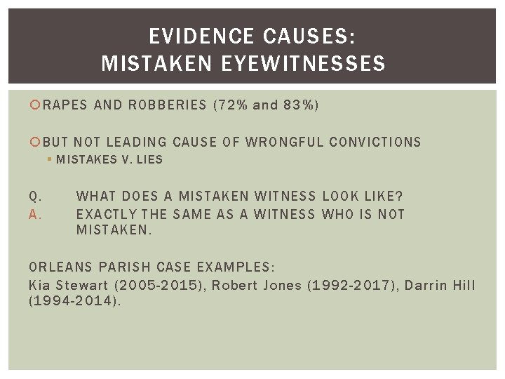 EVIDENCE CAUSES: MISTAKEN EYEWITNESSES RAPES AND ROBBERIES (72% and 83%) BUT NOT LEADING CAUSE