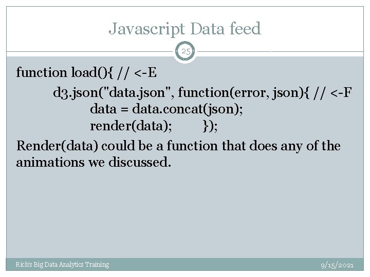 Javascript Data feed 25 function load(){ // <-E d 3. json("data. json", function(error, json){ Javascript Data feed 25 function load(){ // <-E d 3. json("data. json", function(error, json){