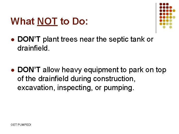 What NOT to Do: l DON’T plant trees near the septic tank or drainfield.