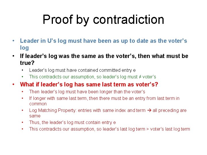 Proof by contradiction • Leader in U’s log must have been as up to