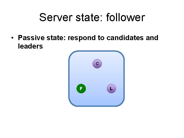 Server state: follower • Passive state: respond to candidates and leaders C F L