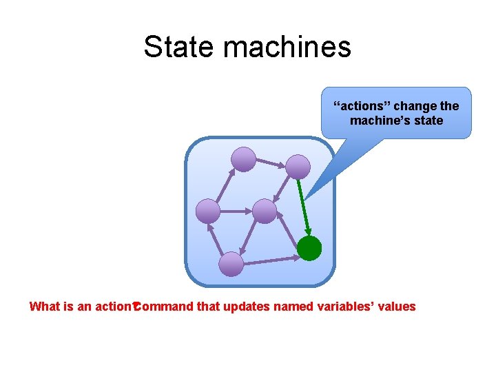 State machines “actions” change the machine’s state What is an action? Command that updates