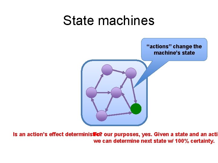 State machines “actions” change the machine’s state Is an action’s effect deterministic? For our