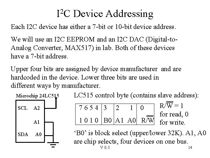 I 2 C Device Addressing Each I 2 C device has either a 7