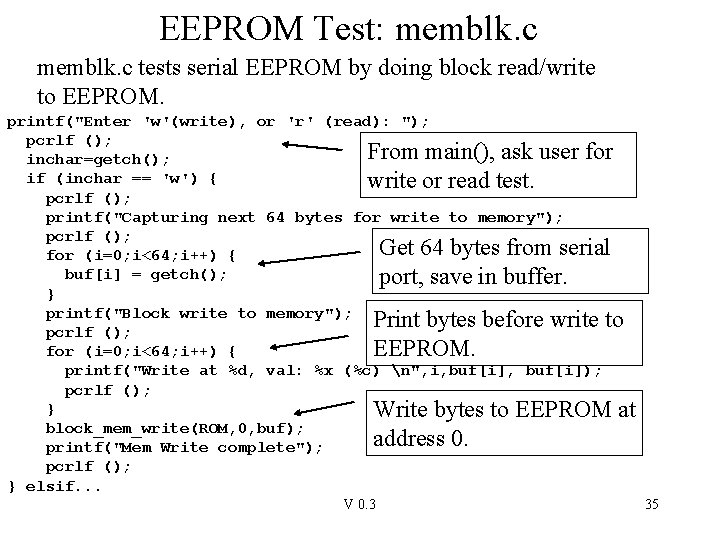 EEPROM Test: memblk. c tests serial EEPROM by doing block read/write to EEPROM. printf("Enter