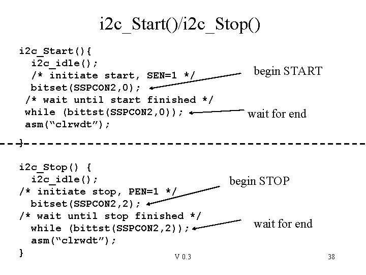 i 2 c_Start()/i 2 c_Stop() i 2 c_Start(){ i 2 c_idle(); /* initiate start,