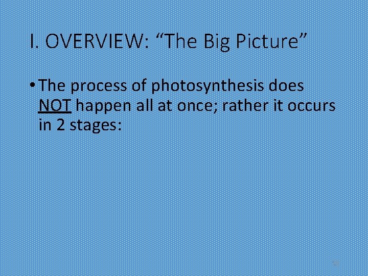 I. OVERVIEW: “The Big Picture” • The process of photosynthesis does NOT happen all