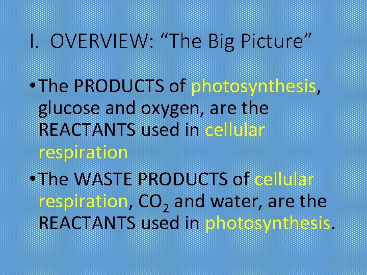 I. OVERVIEW: “The Big Picture” • The PRODUCTS of photosynthesis, glucose and oxygen, are