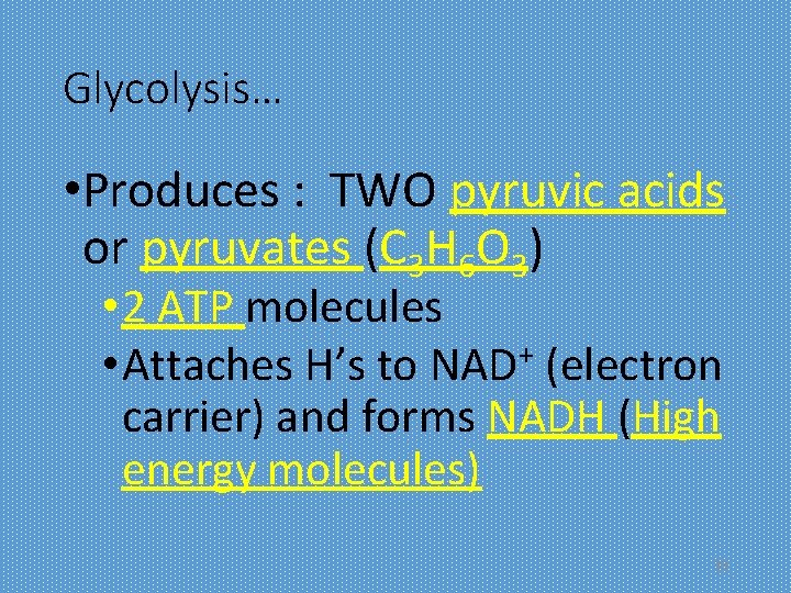 Glycolysis… • Produces : TWO pyruvic acids or pyruvates (C 3 H 6 O