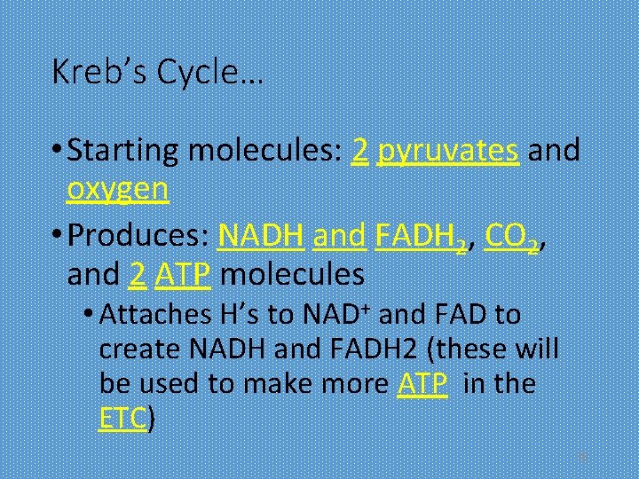 Kreb’s Cycle… • Starting molecules: 2 pyruvates and oxygen • Produces: NADH and FADH