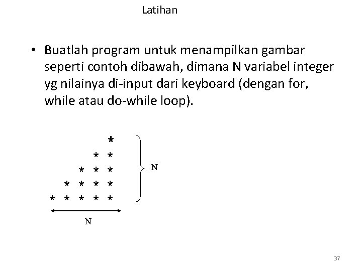 Latihan • Buatlah program untuk menampilkan gambar seperti contoh dibawah, dimana N variabel integer