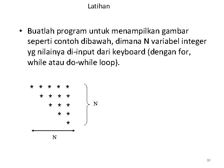 Latihan • Buatlah program untuk menampilkan gambar seperti contoh dibawah, dimana N variabel integer