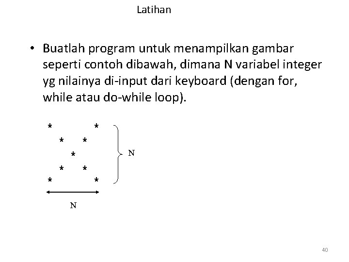 Latihan • Buatlah program untuk menampilkan gambar seperti contoh dibawah, dimana N variabel integer