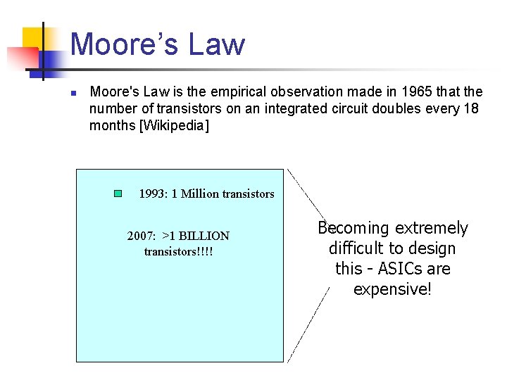 Moore’s Law n Moore's Law is the empirical observation made in 1965 that the