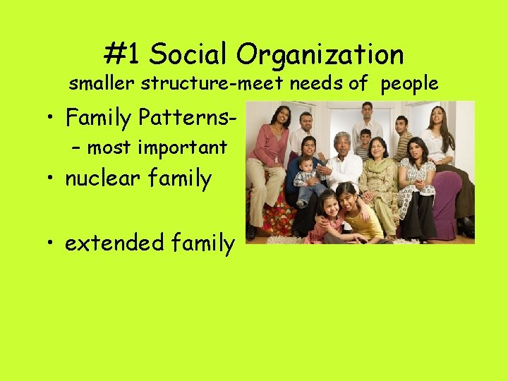 #1 Social Organization smaller structure-meet needs of people • Family Patterns– most important •