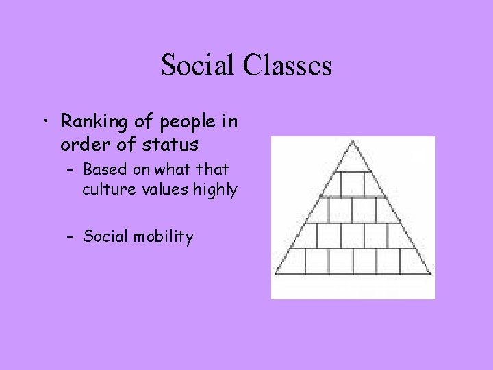 Social Classes • Ranking of people in order of status – Based on what