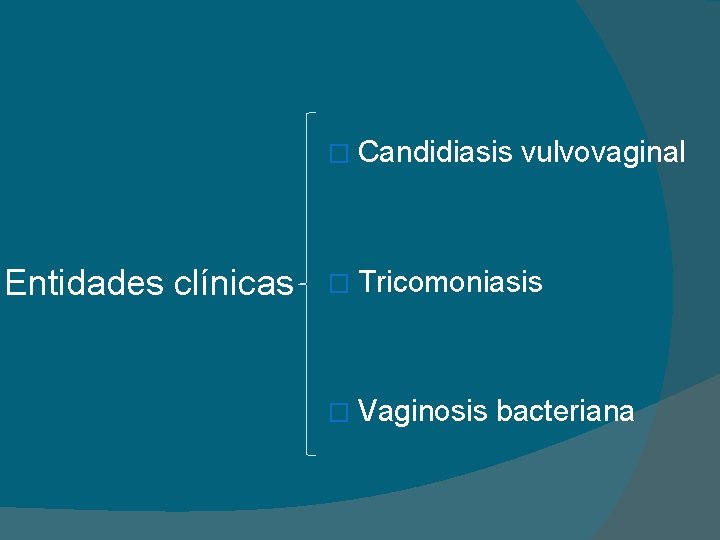 � Candidiasis Entidades clínicas vulvovaginal � Tricomoniasis � Vaginosis bacteriana 