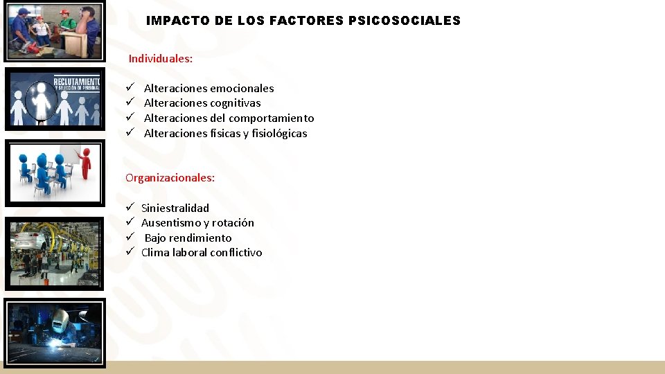 IMPACTO DE LOS FACTORES PSICOSOCIALES Individuales: ü ü Alteraciones emocionales Alteraciones cognitivas Alteraciones del