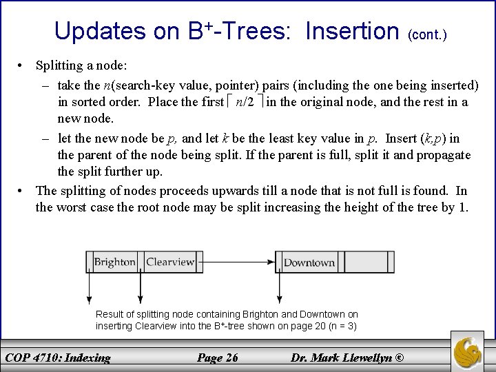Updates on B+-Trees: Insertion (cont. ) • Splitting a node: – take the n(search-key