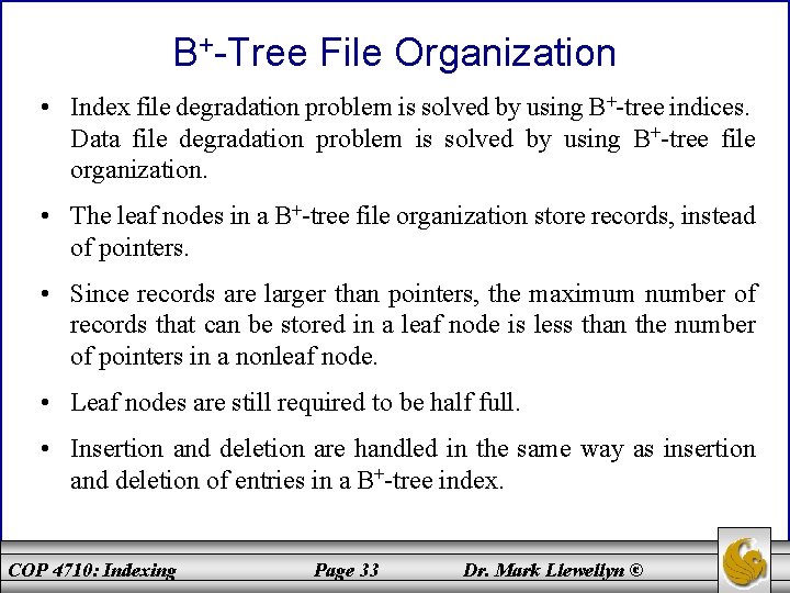 B+-Tree File Organization • Index file degradation problem is solved by using B+-tree indices.