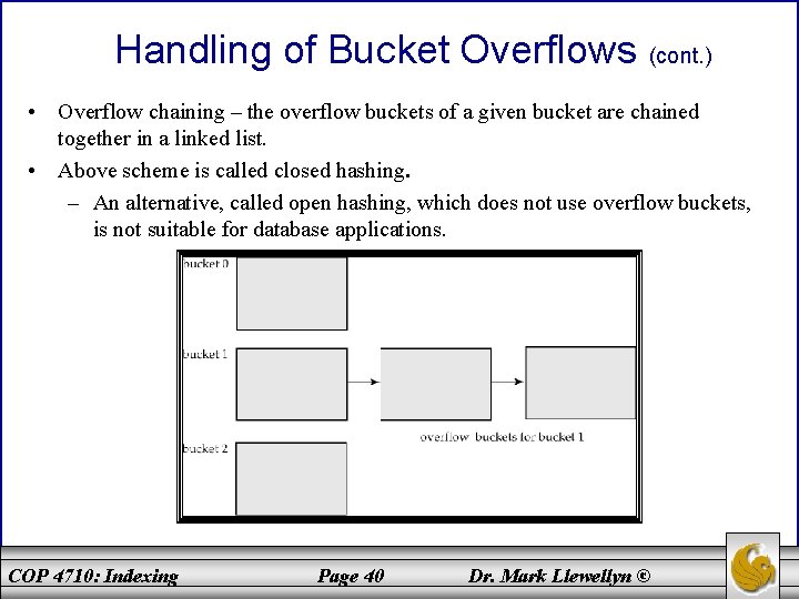 Handling of Bucket Overflows (cont. ) • Overflow chaining – the overflow buckets of