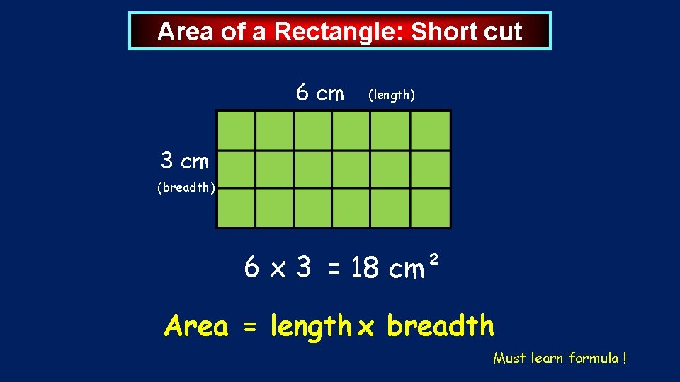 Area of a Rectangle: Short cut 6 cm (length) 3 cm (breadth) 6 x
