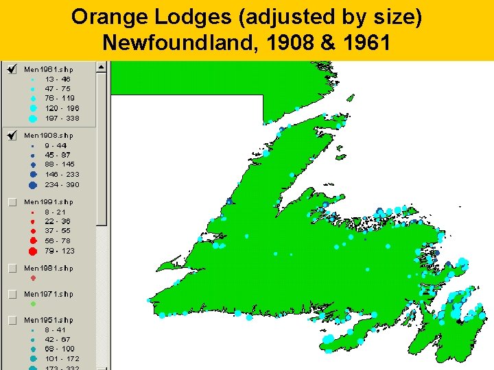 Orange Lodges (adjusted by size) Newfoundland, 1908 & 1961 