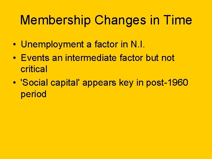 Membership Changes in Time • Unemployment a factor in N. I. • Events an