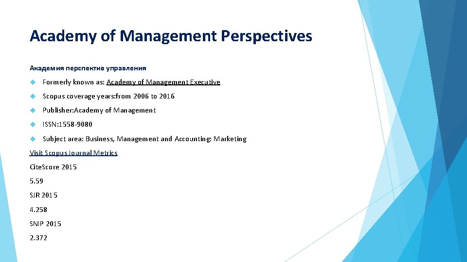 Academy of Management Perspectives Академия перспектив управления Formerly known as: Academy of Management Executive