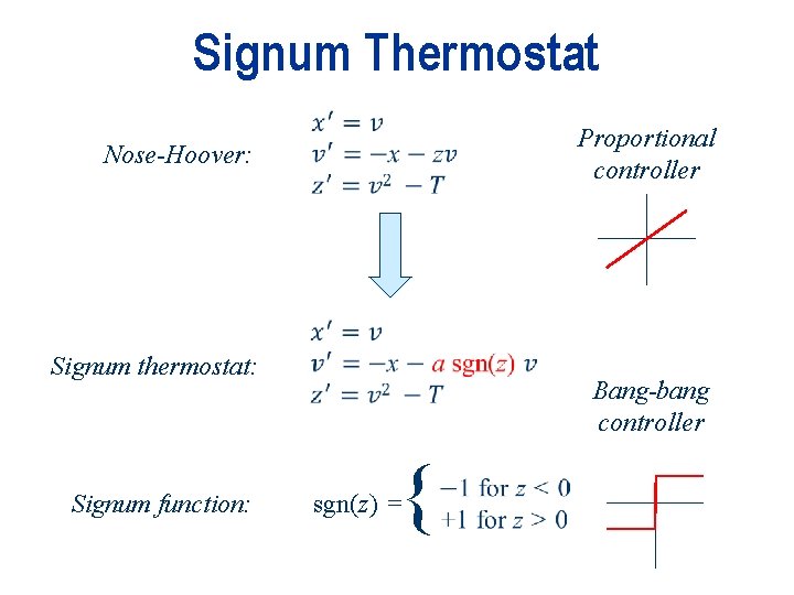 Signum Thermostat Proportional controller Nose-Hoover: Signum thermostat: Signum function: Bang-bang controller { sgn(z) =